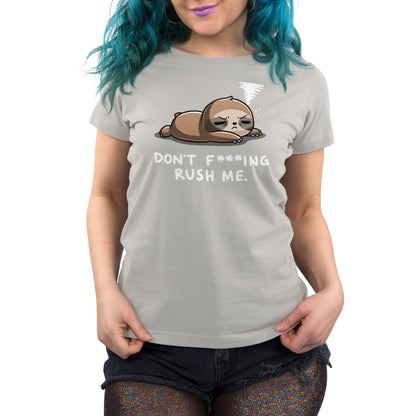 Premium Cotton T-shirt - A person with blue-green hair wears a light gray apparel made of super soft ringspun cotton, featuring an illustration of a relaxed sloth and the text "Don't F***ing Rush Me" by monsterdigital.