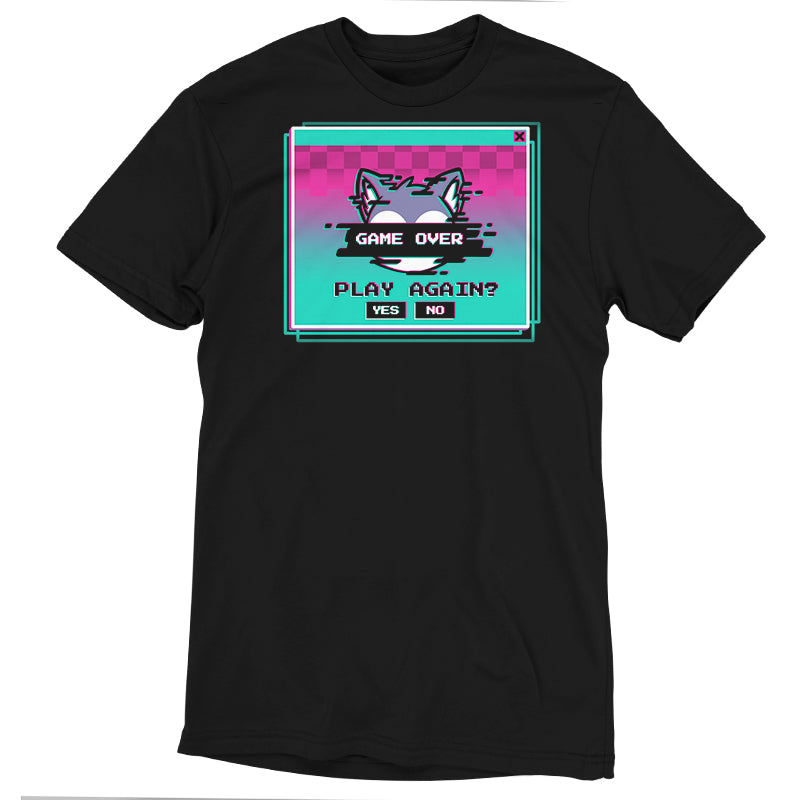 Experience ultimate comfort with our monsterdigital Game Over, Play Again? T-shirt. This unisex tee features a retro game design showcasing a "Game Over" screen with a cat face and pixelated options "Play Again? Yes No.