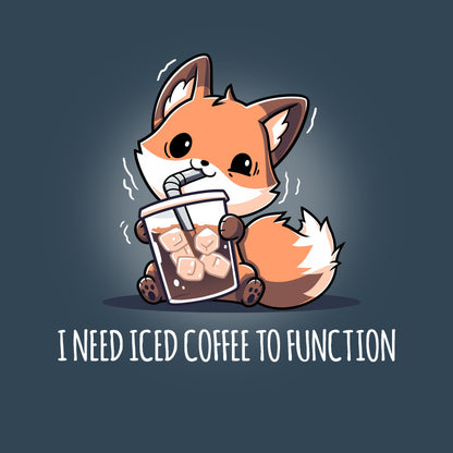 Premium Cotton T-shirt_TeeTurtle I Need Iced Coffee to Function denim blue t-shirt featuring a fox holding a cup of iced coffee.