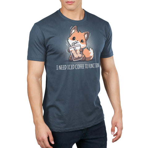 Premium Cotton T-shirt_TeeTurtle denim blue I Need Iced Coffee to Function apparel featuring a jittery fox drinking a large cup of iced coffee. Caption below reads, "I need iced coffee to function".