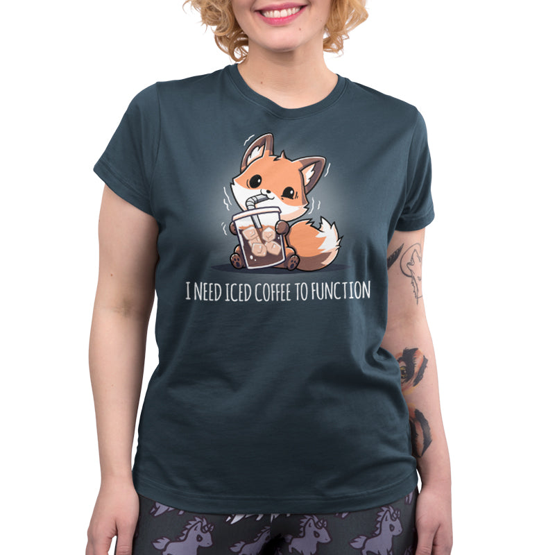 Premium Cotton T-shirt_TeeTurtle I Need Iced Coffee to Function denim blue t-shirt featuring a fox holding a cup of iced coffee.
