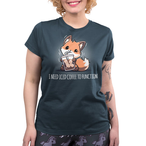 Premium Cotton T-shirt_TeeTurtle denim blue I Need Iced Coffee to Function apparel featuring a jittery fox drinking a large cup of iced coffee. Caption below reads, "I need iced coffee to function".