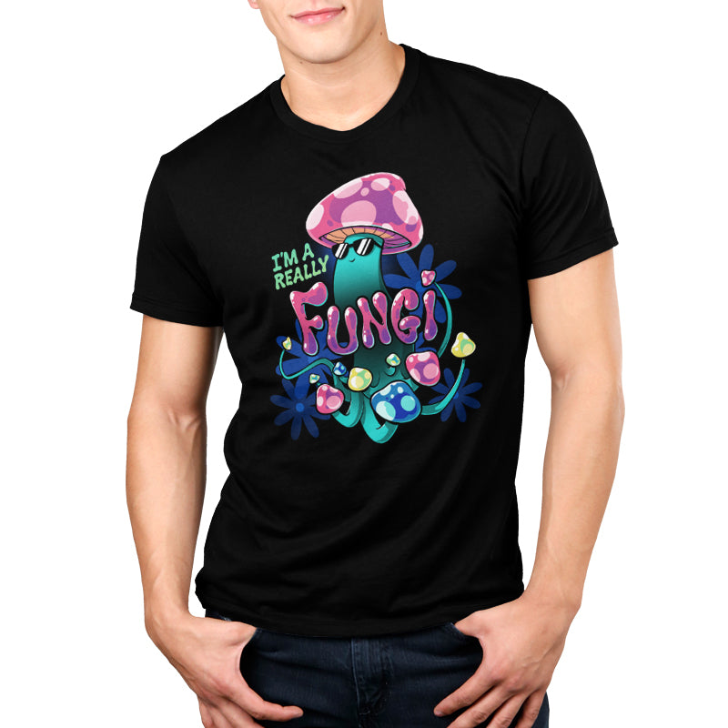 Premium Cotton T-shirt_TeeTurtle I'm a Really Fungi black t-shirt featuring a psychedelic mushroom with sunglasses on surrounded by flowers.