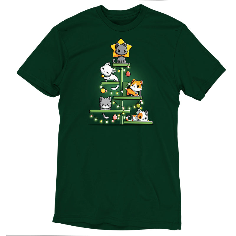 Super soft ringspun cotton Forest Green T-shirt featuring cartoon cats arranged as a Christmas tree, with some cats decorated as ornaments and a star. Perfect for those who love the *Kitty Christmas Tree* by *monsterdigital*!