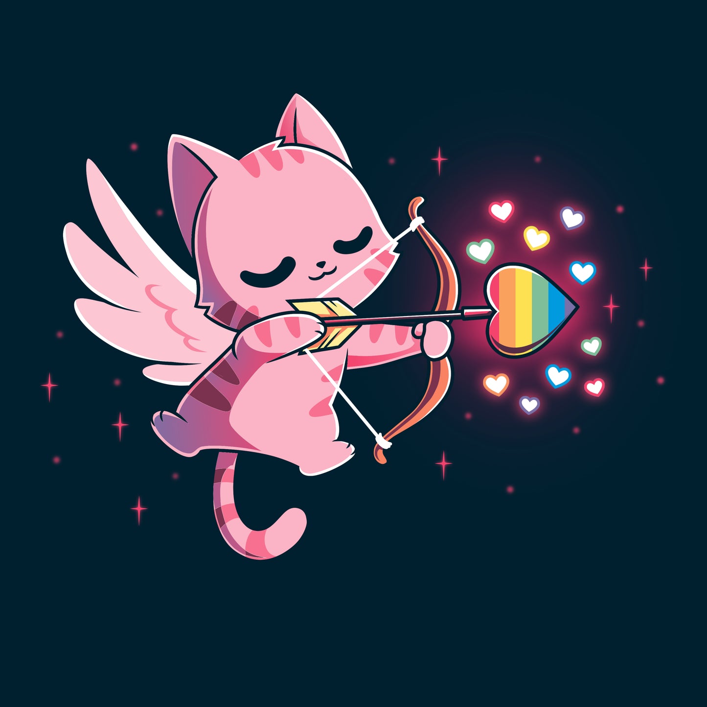 Premium Cotton T-shirt_TeeTurtle navy blue LGBTQ-pid Kitty. Featuring a pink Cupid cat shooting an arrow with a rainbow heart at the tip.