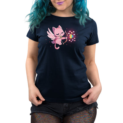 Premium Cotton T-shirt_TeeTurtle navy blue LGBTQ-pid Kitty. Featuring a pink Cupid cat shooting an arrow with a rainbow heart at the tip.