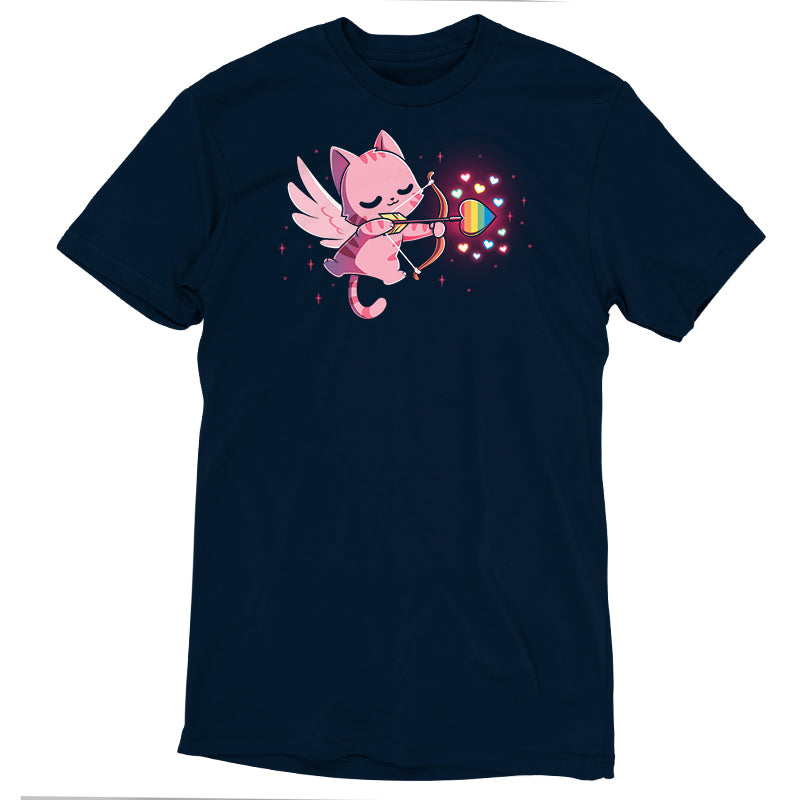 Premium Cotton T-shirt_TeeTurtle navy blue LGBTQ-pid Kitty. Featuring a pink Cupid cat shooting an arrow with a rainbow heart at the tip.