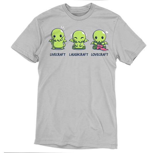 This super soft ringspun cotton unisex tee features three cute, green cartoon Cthulhu characters with the text: 