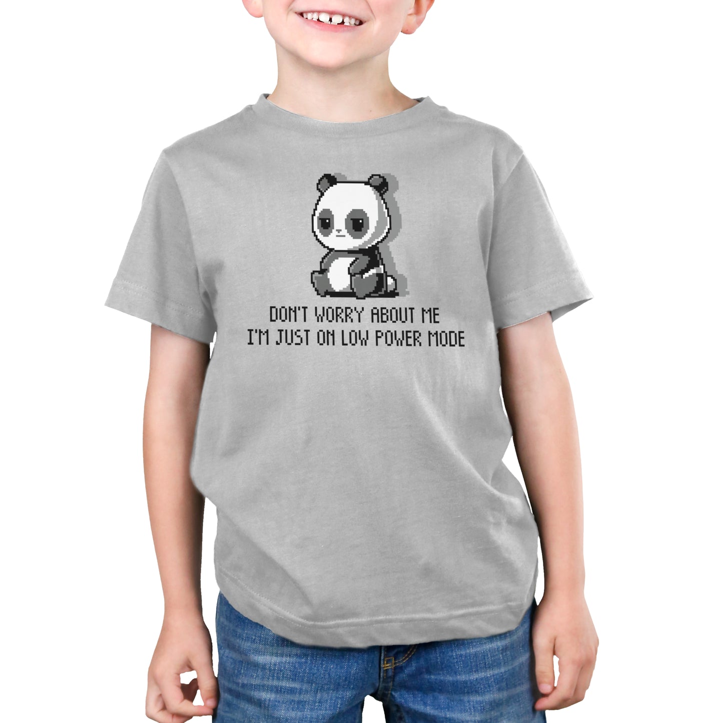 A child wearing a super soft ringspun cotton T-shirt with a cartoon panda and the text “Don't worry about me, I'm just on low power mode.” from the Low Power Mode collection by monsterdigital.