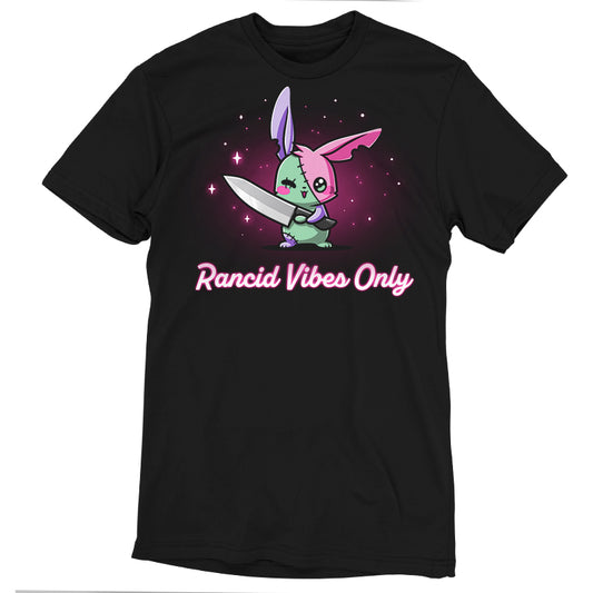Black T-shirt featuring a cartoon bunny holding a knife, with text that says 