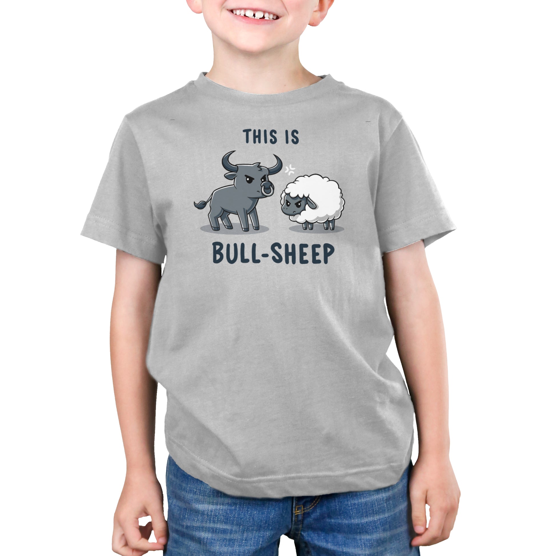 Premium Cotton T-shirt - A child wearing a grey This Is Bull-Sheep apparel from monsterdigital featuring a cartoon bull and sheep with the text "This is bull-sheep." Made from super soft ringspun cotton, this unisex appareloffers both comfort and style.