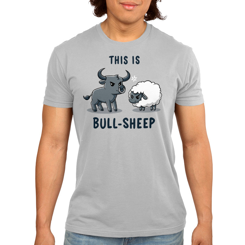 Premium Cotton T-shirt - Person wearing a gray monsterdigital apparel with cartoon illustrations of a bull and a sheep. The text on the super soft ringspun cotton apparel reads "This Is Bull-Sheep.