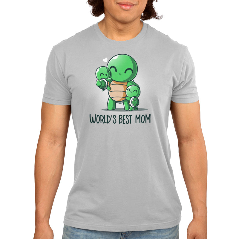 Premium Cotton T-shirt - Person wearing a light grey, super soft ringspun cotton ***World's Best Mom*** apparel by ***monsterdigital*** with a cartoon turtle and two baby turtles featuring the text "World's Best Mom." Perfect as a unisex tee.