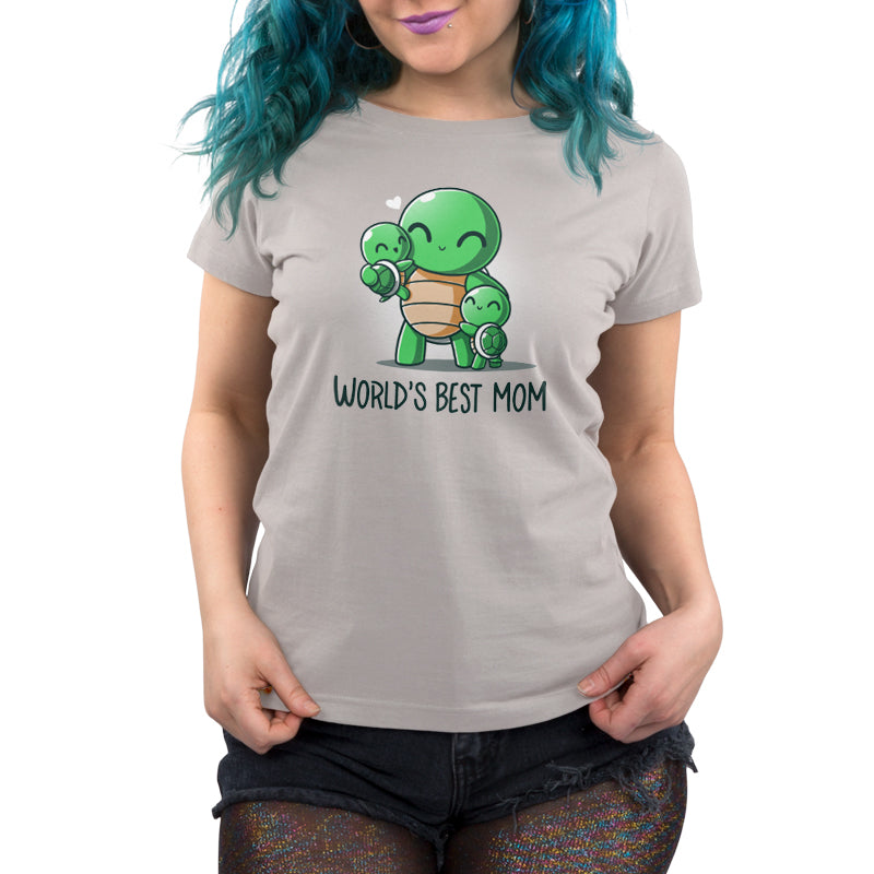 Premium Cotton T-shirt - Person wearing a super soft ringspun cotton gray apparel with a cartoon of turtles and the text "World's Best Mom" displayed on the front. The apparel is from the brand monsterdigital.