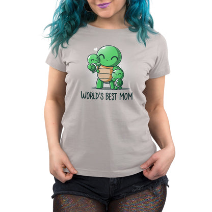 Premium Cotton T-shirt - Person wearing a super soft ringspun cotton gray apparel with a cartoon of turtles and the text "World's Best Mom" displayed on the front. The apparel is from the brand monsterdigital.