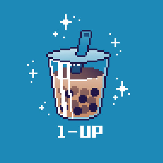 Pixel art image of 1-Up Boba with a straw and text 