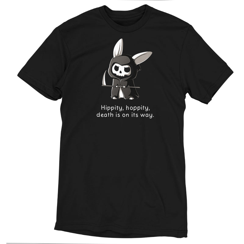 Premium Cotton T-shirt_Teeturtle Grim Bunny (Glow) Black Featuring a hooded, Grim Reaper-looking bunny with a skull face and a scythe with 'Hippity, hoppity, death is on its way.' written beneath.