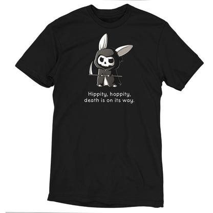 Premium Cotton T-shirt_Teeturtle Grim Bunny (Glow) Black Featuring a hooded, Grim Reaper-looking bunny with a skull face and a scythe with 'Hippity, hoppity, death is on its way.' written beneath.