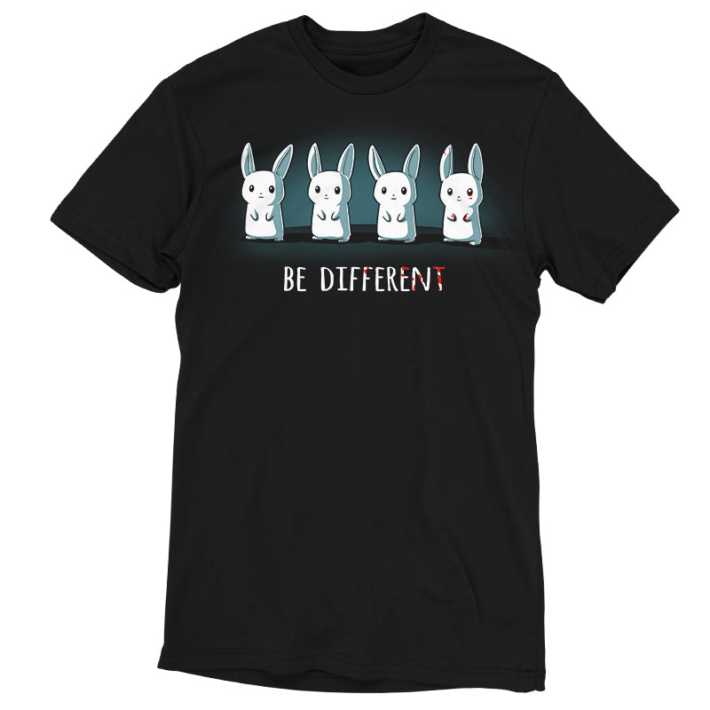 Premium Cotton T-shirt_Teeturtle Be Different (Glow) Black Featuring Four Cute White Bunnies, one with red eyes and a bit of blood on its paws with 'Be Different' written beneath with some of the letters spattered with blood.