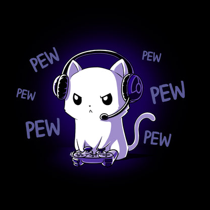 Premium Cotton T-shirt_TeeTurtle Pew Pew Kitty (Glow) black t-shirt featuring a white cat looking angry wearing a headset and holding a controller gaming surrounded by the word "pew."