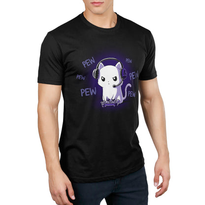 Premium Cotton T-shirt_TeeTurtle Pew Pew Kitty (Glow) black t-shirt featuring a white cat looking angry wearing a headset and holding a controller gaming surrounded by the word "pew."