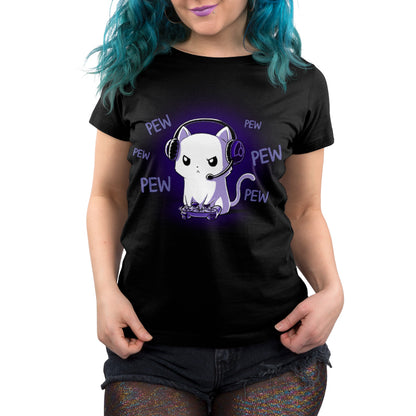 Premium Cotton T-shirt_TeeTurtle Pew Pew Kitty (Glow) black t-shirt featuring a white cat looking angry wearing a headset and holding a controller gaming surrounded by the word "pew."