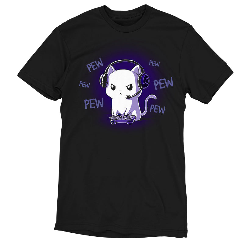 Premium Cotton T-shirt_TeeTurtle Pew Pew Kitty (Glow) black t-shirt featuring a white cat looking angry wearing a headset and holding a controller gaming surrounded by the word "pew."