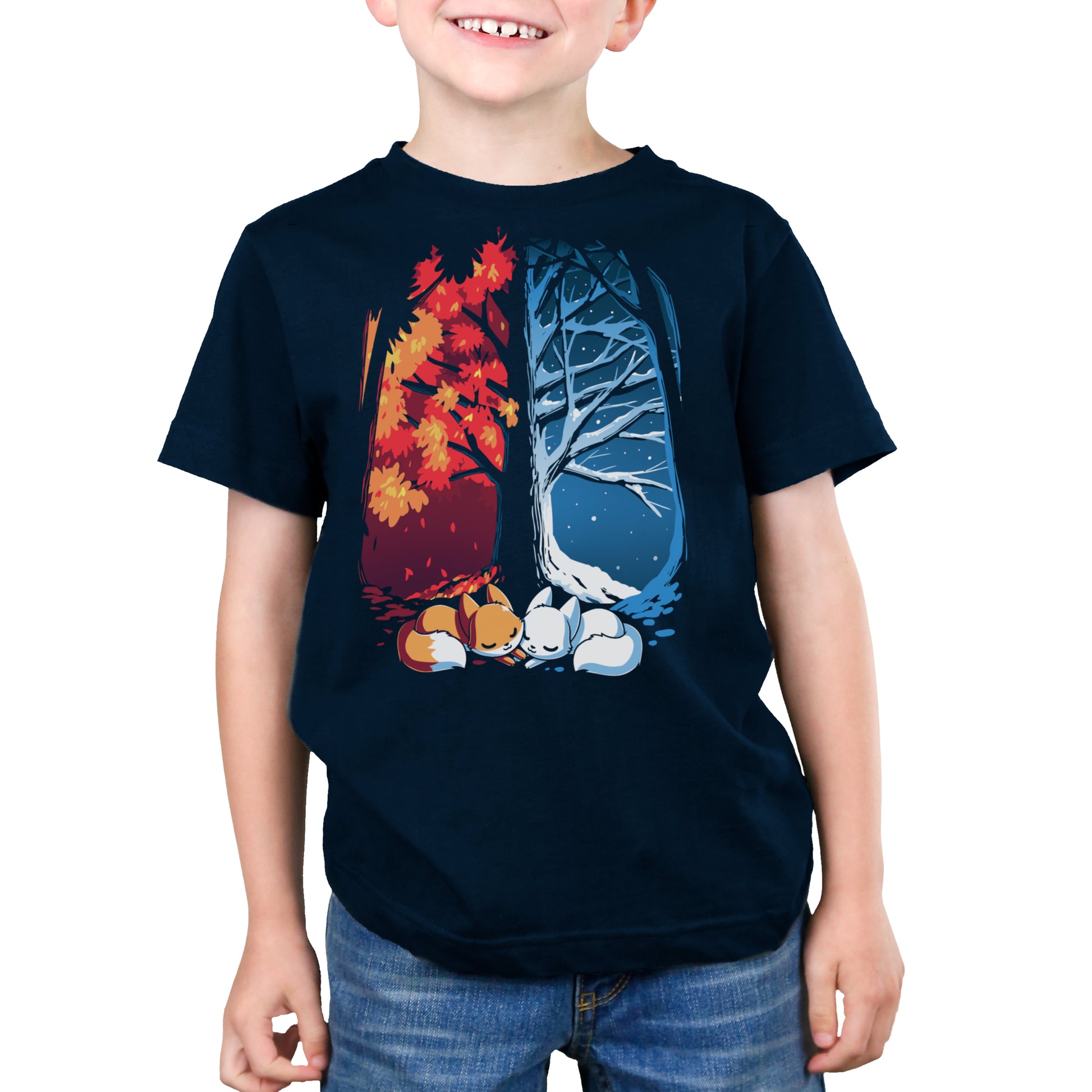 Premium Cotton T-shirt - Two navy blue Fall & Winter Foxes sleeping under a TeeTurtle original designed tree.