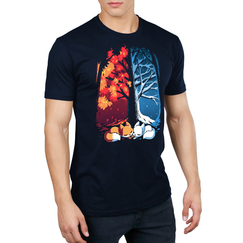 Premium Cotton T-shirt - Two navy blue Fall & Winter Foxes sleeping under a TeeTurtle original designed tree.