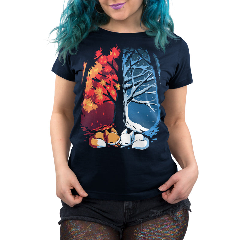 Premium Cotton T-shirt - Two navy blue Fall & Winter Foxes sleeping under a TeeTurtle original designed tree.