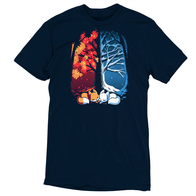 Premium Cotton T-shirt - Two navy blue Fall & Winter Foxes sleeping under a TeeTurtle original designed tree.