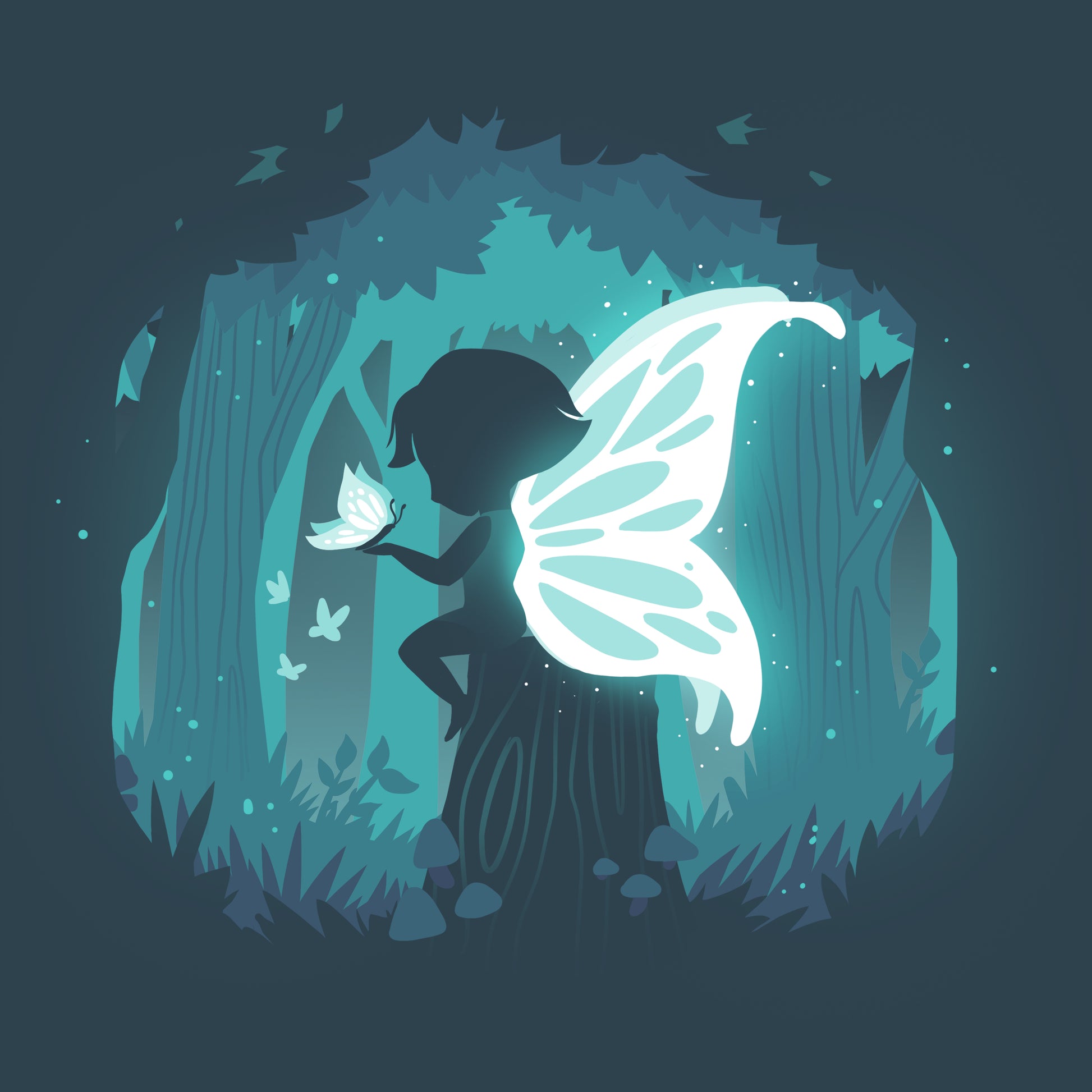 Premium Cotton T-shirt_Teeturtle Forest Fairy navy blue t-shirt Featuring a silhouetted fairy with luminous wings in a mystical forest holding a butterfly.