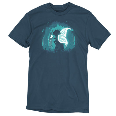 Premium Cotton T-shirt_Teeturtle Forest Fairy navy blue t-shirt Featuring a silhouetted fairy with luminous wings in a mystical forest holding a butterfly.