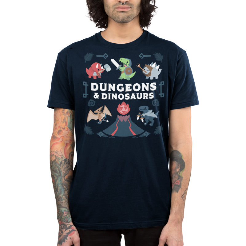 Premium Cotton T-shirt_TeeTurtle Dungeons & Dinosaurs navy blue t-shirt featuring an illustration of a  volcano erupting surrounded by numerous cartoon dinosaurs holding weapons. 