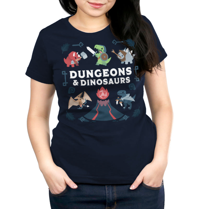 Premium Cotton T-shirt_TeeTurtle Dungeons & Dinosaurs navy blue t-shirt featuring an illustration of a  volcano erupting surrounded by numerous cartoon dinosaurs holding weapons. 