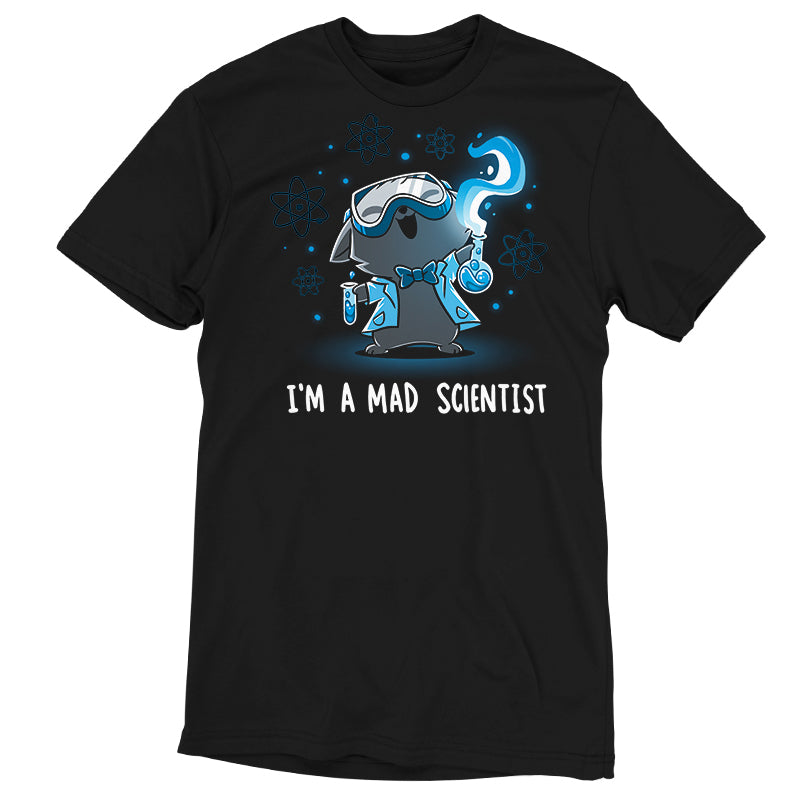 Premium Cotton T-shirt_TeeTurtle Mad Scientist black t-shirt featuring an illustration of a cartoon gray cat smiling evilly wearing safety goggles, a lab coat and a bowtie holding chemistry apparatus surrounded by floating orbs. "I'M A MAD SCIENTIST" is written underneath.  