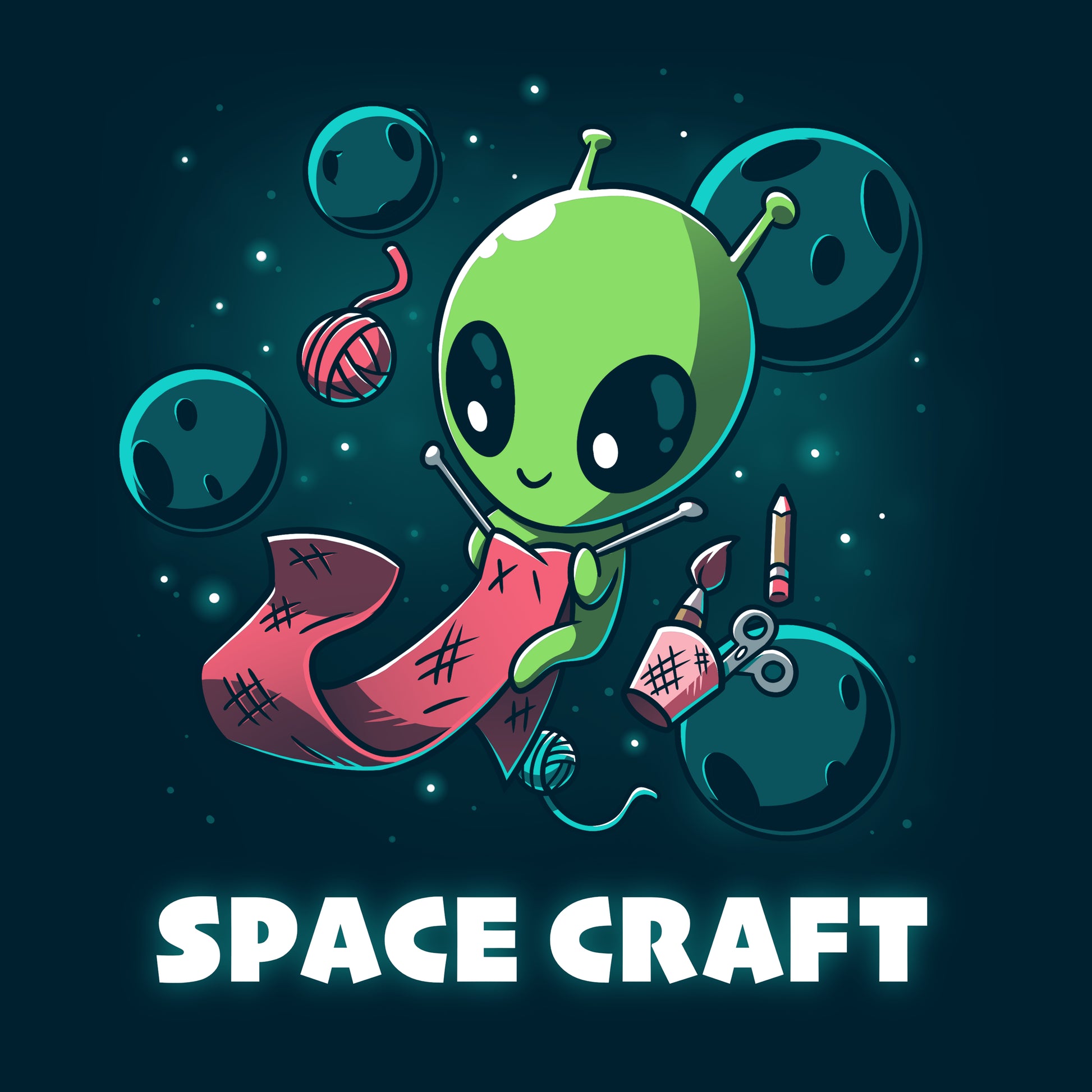 Premium Cotton T-shirt_TeeTurtle Space Craft navy blue t-shirt featuring an illustration of a green alien knitting a red scarf in space surrounded by planets, stars, balls of yarn, and a cup holding scissors, a paint brush and floating pencil. The words "SPACE CRAFT" are written below.