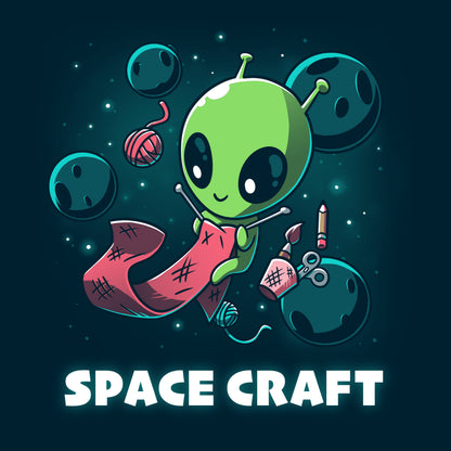 Premium Cotton T-shirt_TeeTurtle Space Craft navy blue t-shirt featuring an illustration of a green alien knitting a red scarf in space surrounded by planets, stars, balls of yarn, and a cup holding scissors, a paint brush and floating pencil. The words "SPACE CRAFT" are written below.