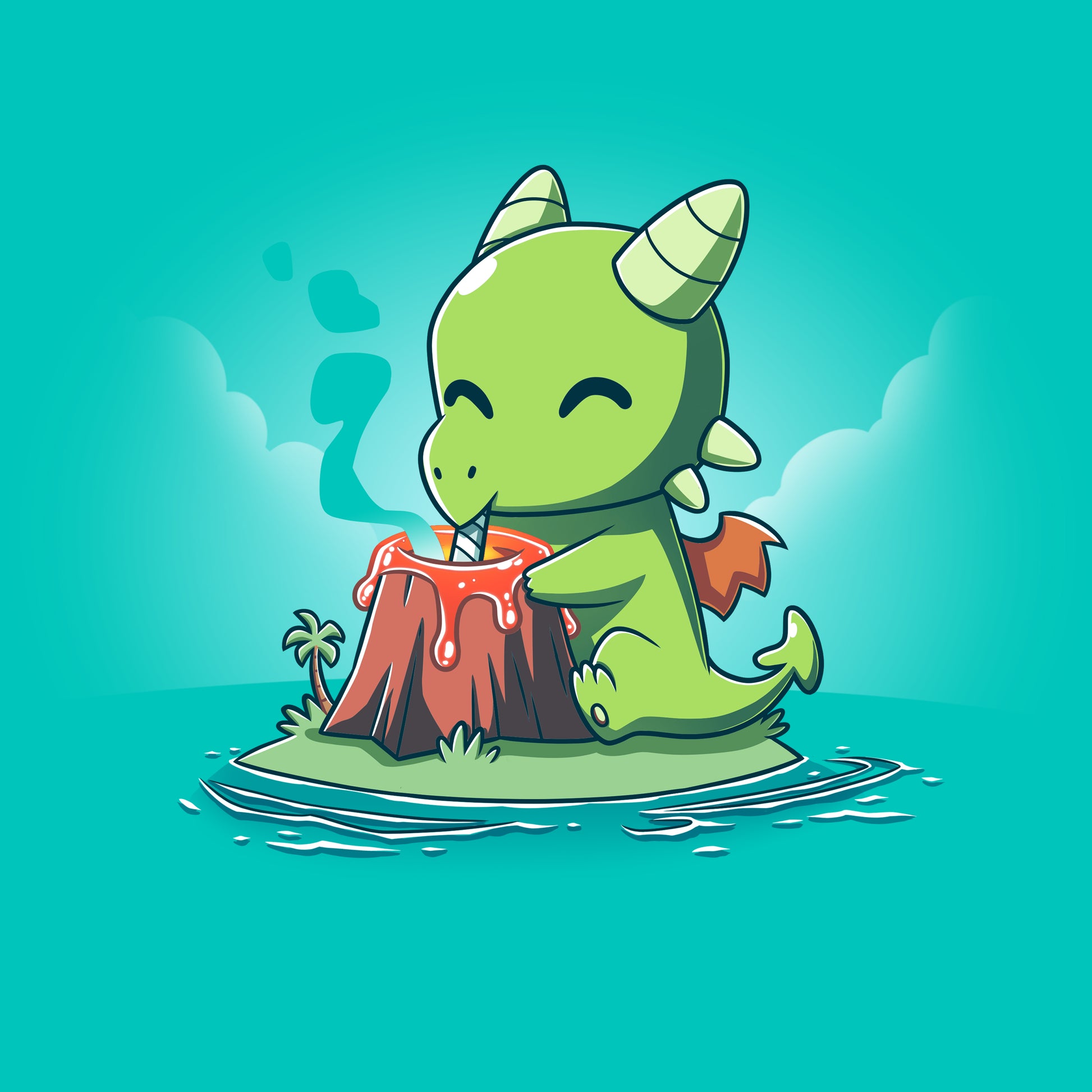 Premium Cotton T-shirt_TeeTurtle Magma Milkshake Caribbean blue t-shirt featuring an illustration of a green dragon sitting on a small island contently drinking lava from a volcano with a straw.