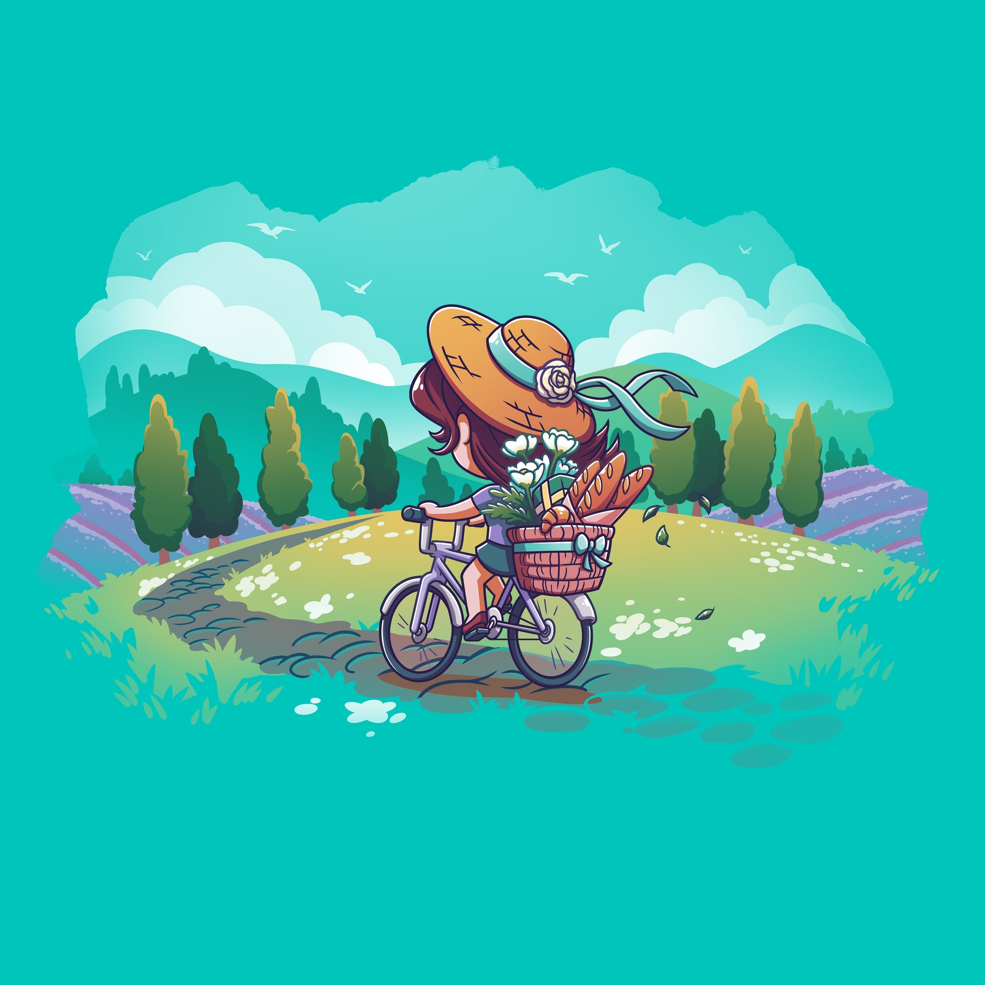 Premium Cotton T-shirt_TeeTurtle Countryside Biking Caribbean blue t-shirt featuring an illustration of a girl biking on a path in the countryside with bread and flowers in her basket. The path winds through rolling hills and fields of grass with small, white flowers. Green trees line the sides of the path, and lavender bushes are behind the trees, set against a light teal/turquoise sky, with fluffy white clouds and some birds.