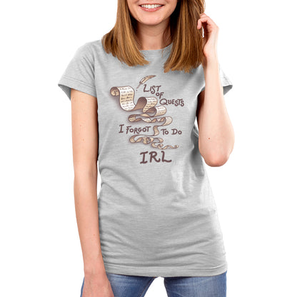 Premium Cotton T-shirt_TeeTurtle Unfinished Quests silver gray t-shirt featuring a long, brownish-tan scroll with script like text giving it a vintage look and a feather quill pen in the top right. "LIST OF QUESTS I FORGOT TO DO IRL" is written around the scroll. 