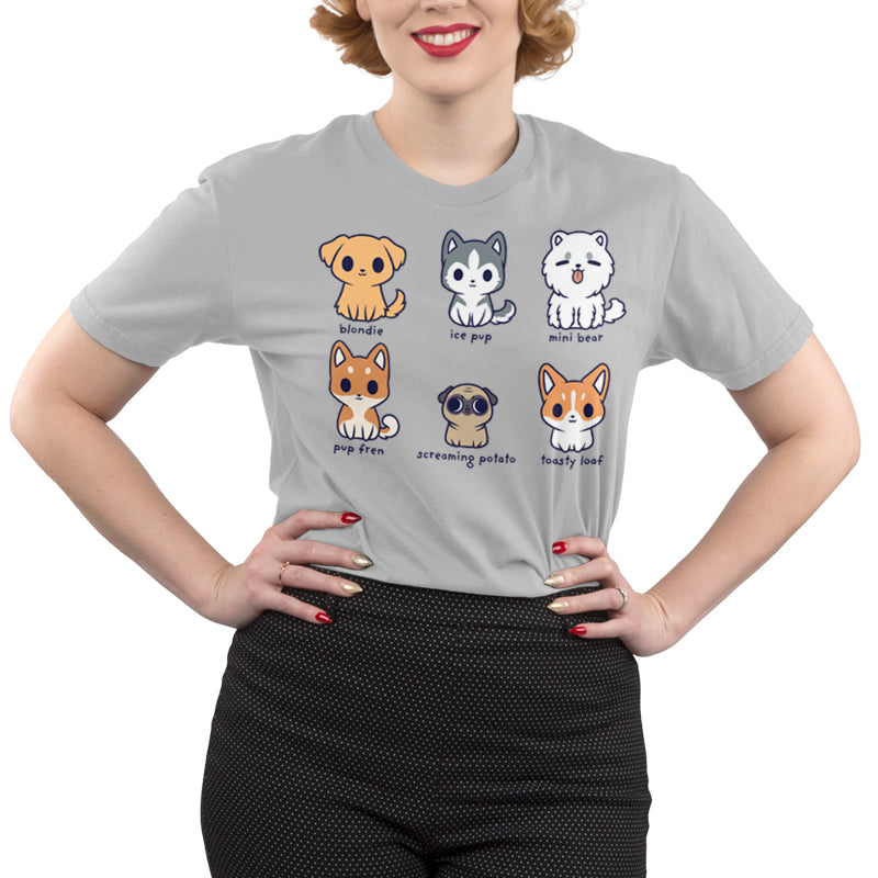 Premium Cotton T-shirt_TeeTurtle Dog Names silver gray t-shirt featuring six cartoon dogs with their names written underneath. The names are "blondie, ice pup, mini bear, pup fren, screaming potato, and toasty loaf."