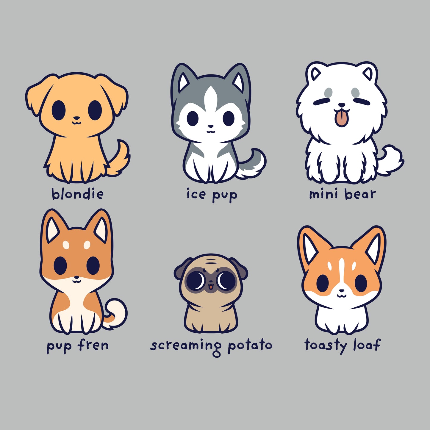 Premium Cotton T-shirt_TeeTurtle Dog Names silver gray t-shirt featuring six cartoon dogs with their names written underneath. The names are "blondie, ice pup, mini bear, pup fren, screaming potato, and toasty loaf."