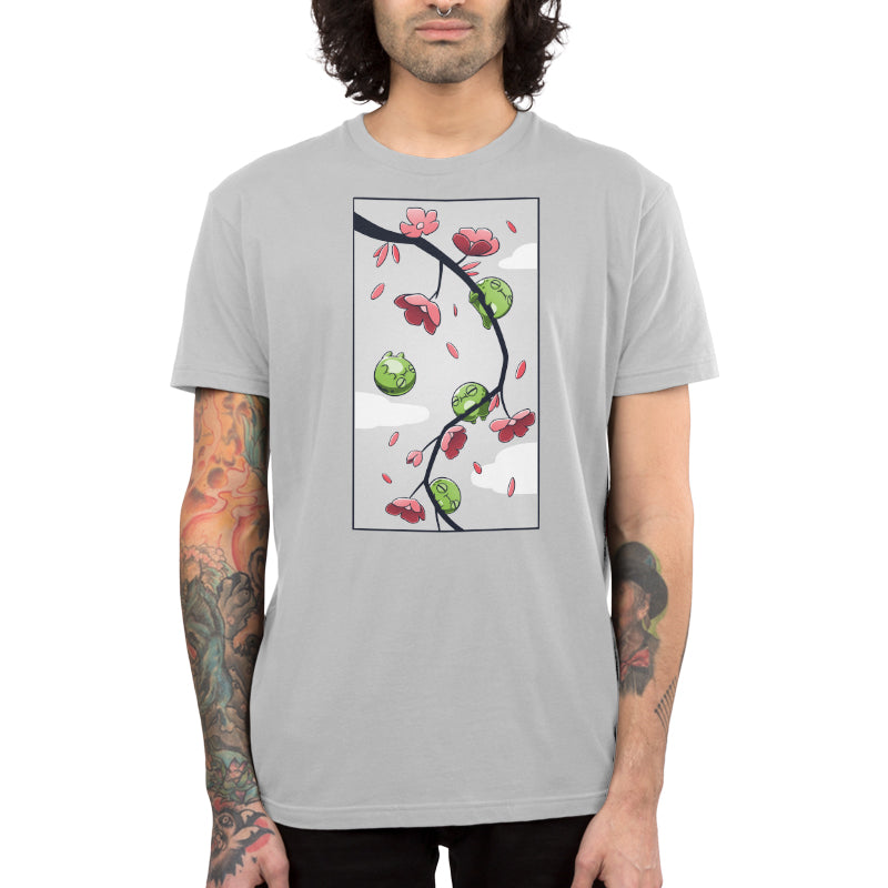 Premium Cotton T-shirt_TeeTurtle Cherry Blossom Frogs silver gray t-shirt featuring three three cartoon frogs sleeping on a cherry blossom branch and one frog floating while sleeping.