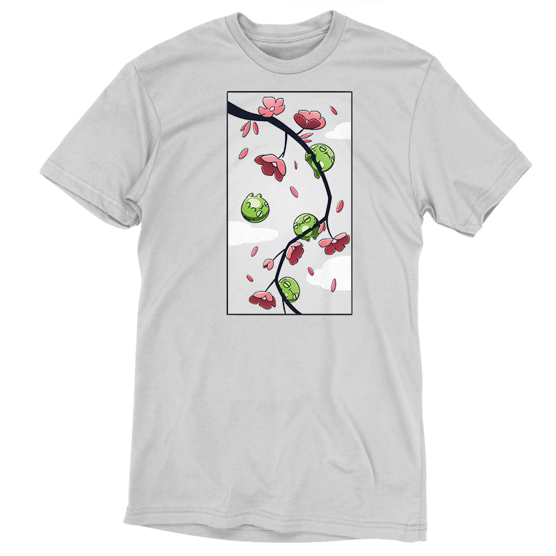 Premium Cotton T-shirt_TeeTurtle Cherry Blossom Frogs silver gray t-shirt featuring three three cartoon frogs sleeping on a cherry blossom branch and one frog floating while sleeping.