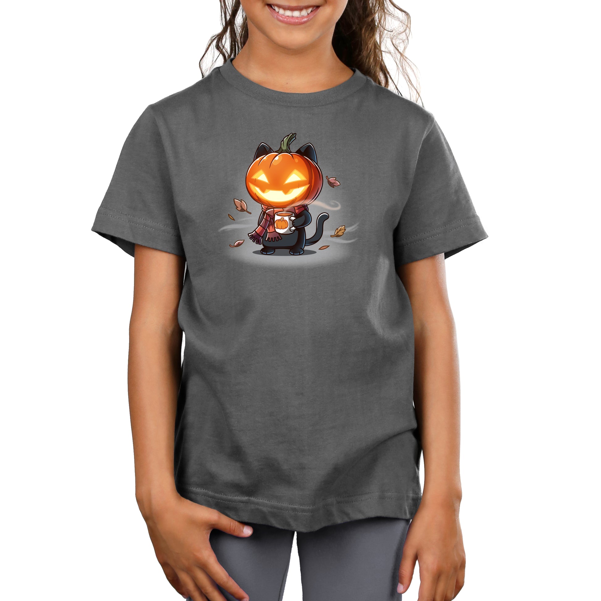 Premium Cotton T-shirt_TeeTurtle charcoal gray Ready for Fall featuring a cat wearing a scarf, pumpkin, and holding a cup of coffee.