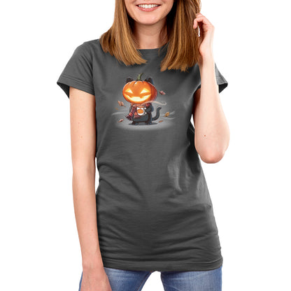 Premium Cotton T-shirt_TeeTurtle charcoal gray Ready for Fall featuring a cat wearing a scarf, pumpkin, and holding a cup of coffee.