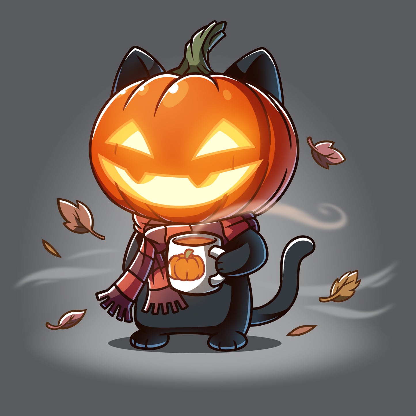 Premium Cotton T-shirt_TeeTurtle charcoal gray Ready for Fall featuring a cat wearing a scarf, pumpkin, and holding a cup of coffee.