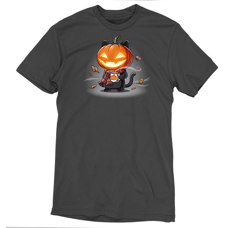 Premium Cotton T-shirt_TeeTurtle charcoal gray Ready for Fall featuring a cat wearing a scarf, pumpkin, and holding a cup of coffee.