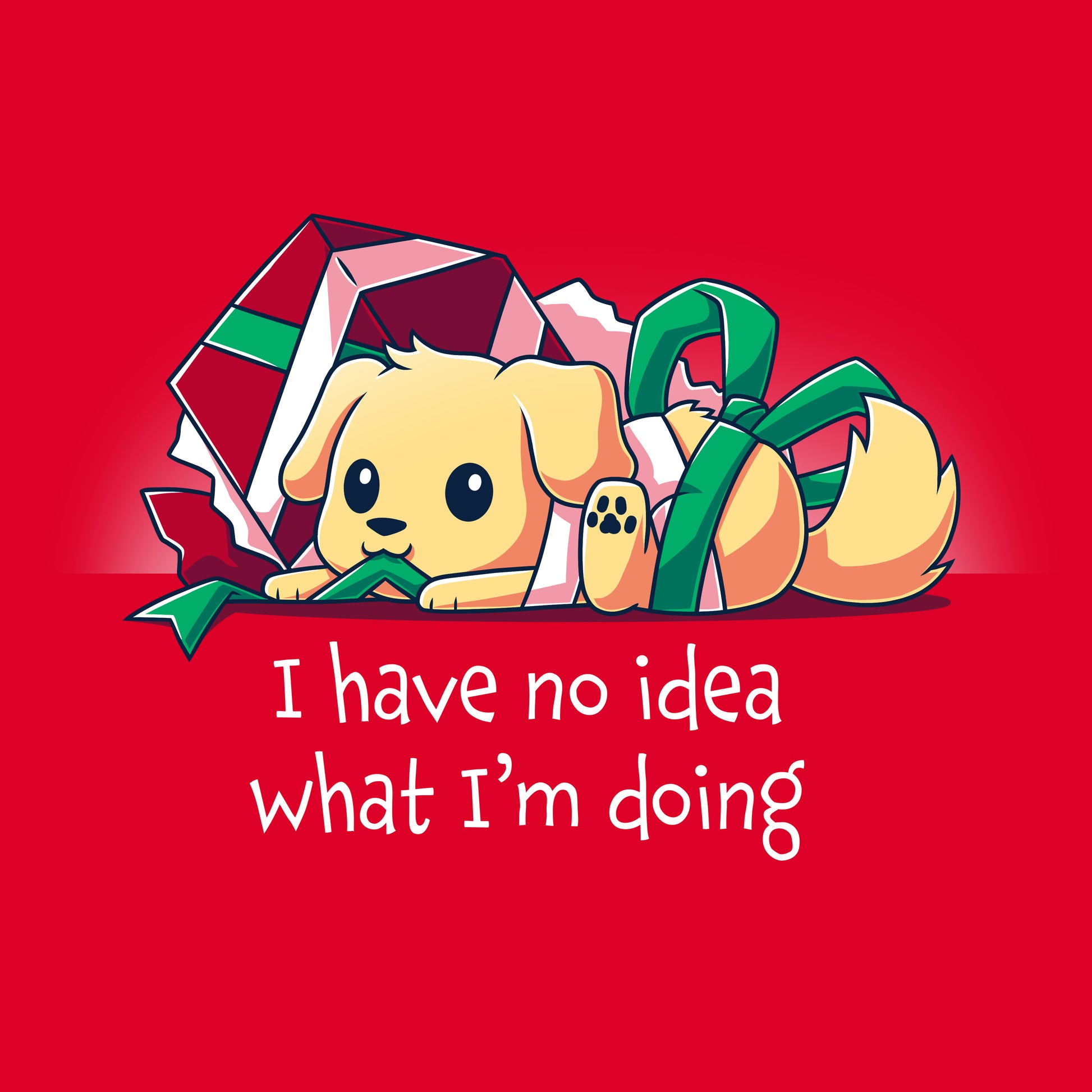 Premium Cotton T-shirt_TeeTurtle red Presently Confused apparel featuring a dog tangled up in wrapping paper and ribbon, with the caption, “I Have No Idea What I’m Doing”. 
